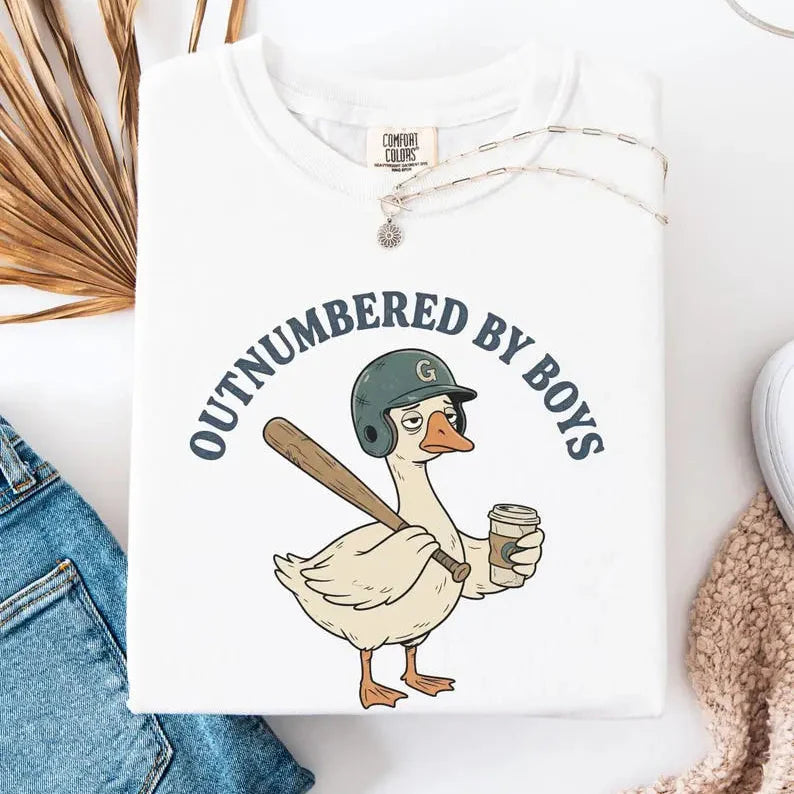 Exhausted Boy Mom T-Shirt/Sweatshirt/Hoodie – Outnumbered by Boys Goose Graphic Tee