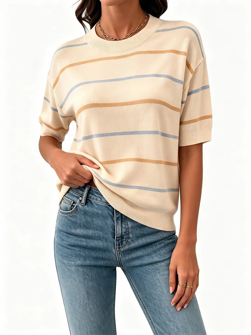 Women's Striped Knit Short Sleeve Sweater – Casual Loose Fit Crew Neck Pullover Top, Lightweight Everyday Wear