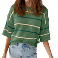 Women's Striped Knit Short Sleeve Sweater – Casual Loose Fit Crew Neck Pullover Top, Lightweight Everyday Wear