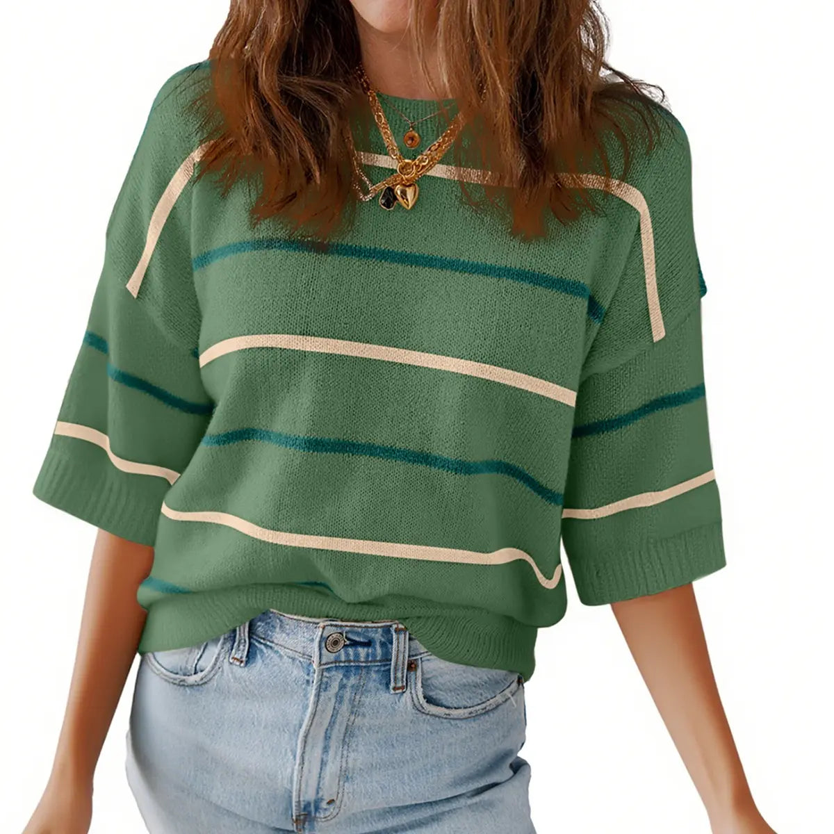 Women's Striped Knit Short Sleeve Sweater – Casual Loose Fit Crew Neck Pullover Top, Lightweight Everyday Wear