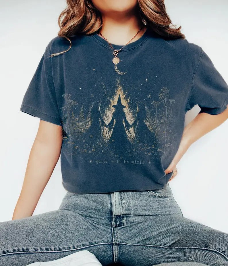 Girls Will Be Girls Witch Graphic T-Shirt, Sweatshirt & Hoodie – Halloween Witchy Spooky Season Tee
