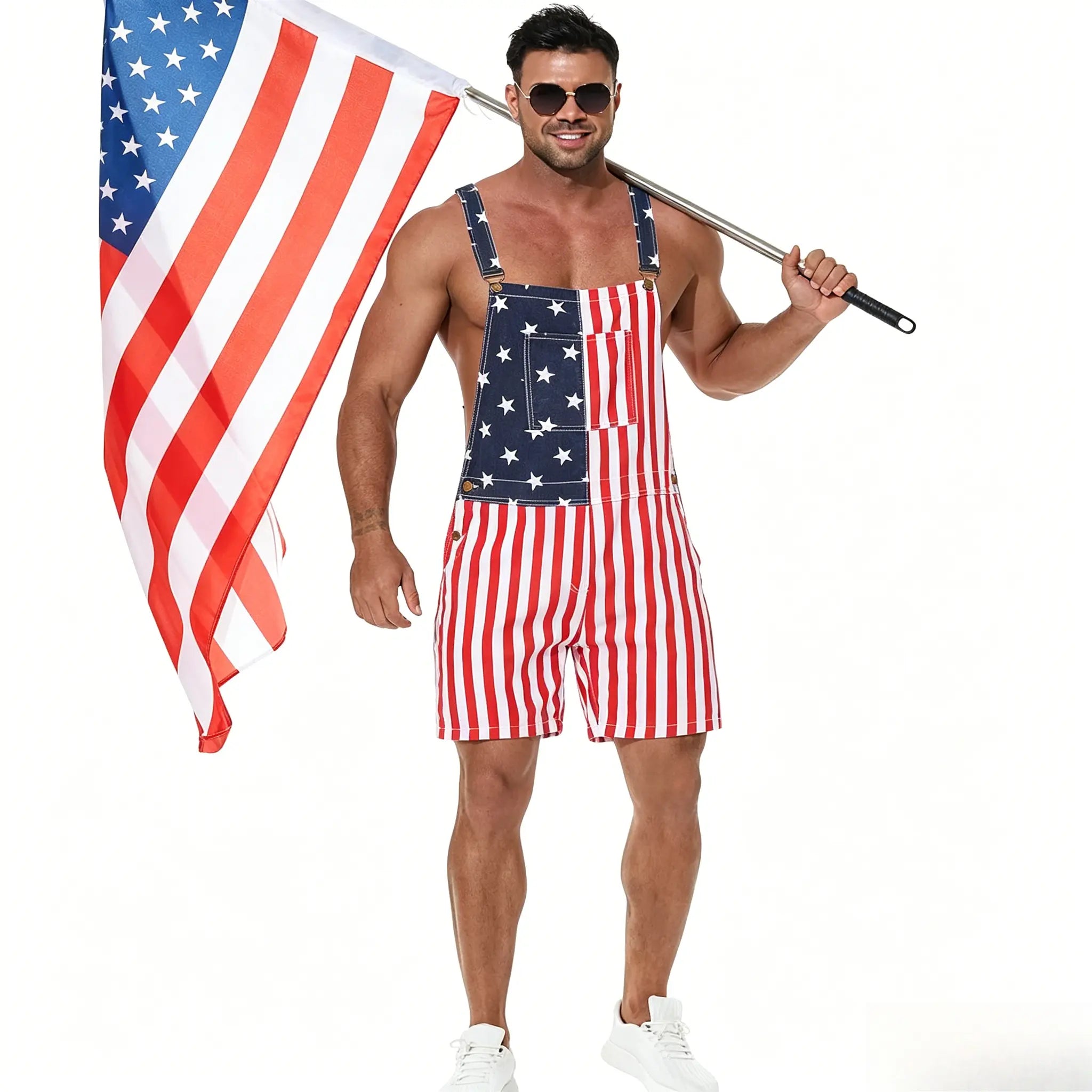 Unisex US Flag-Print Cropped Denim Overalls - Patriotic Summer Party Fashion Accessory Set Casual Fit Button Man
