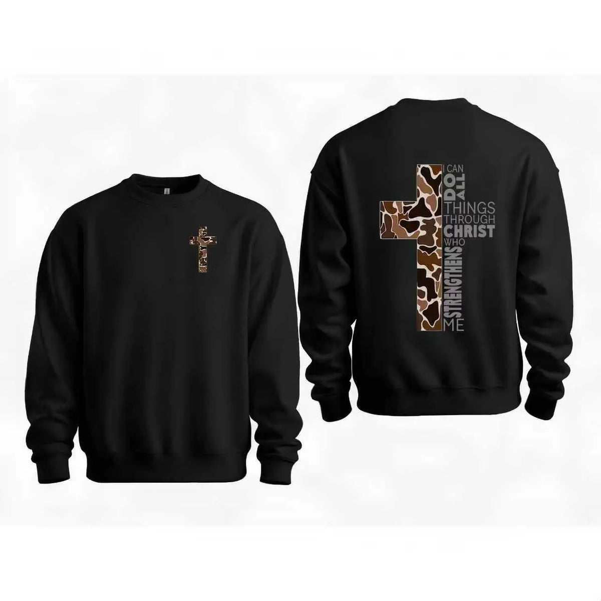 Philippians 4:13 Graphic T-Shirt, Sweatshirt & Hoodie – I Can Do All Things Through Christ Camo Cross Christian Faith Print