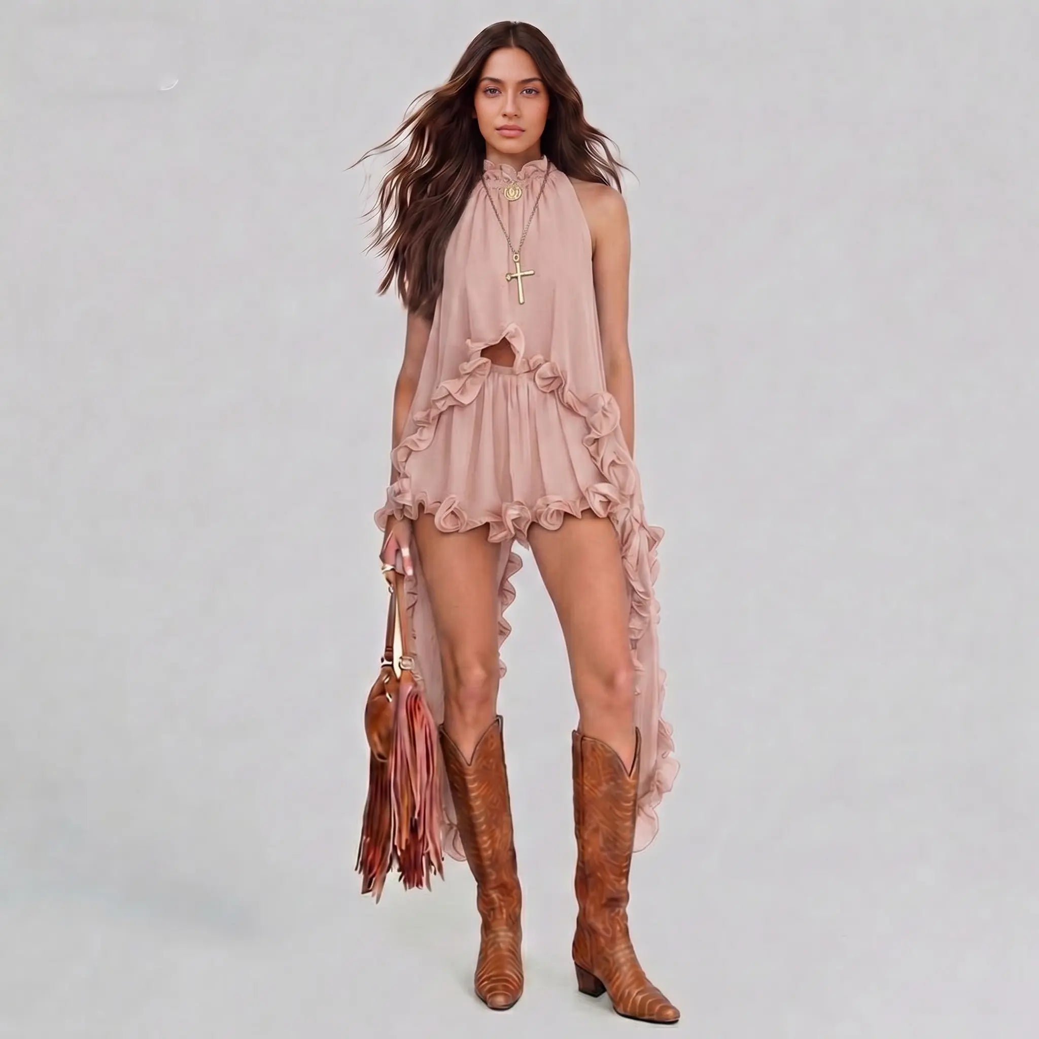 Women's Western Boho Two Piece Set – Halter Crop Top & Ruffle Skirt Matching Outfit for Festival and Vacation