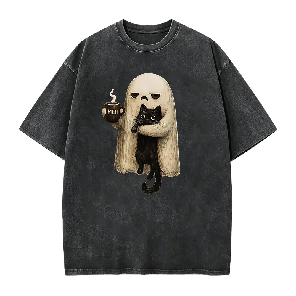 Meh Ghost & Black Cat T-Shirt, Sweatshirt & Hoodie – Funny Halloween Coffee Graphic, Spooky Cat Lover Design, Sarcastic Cute Halloween Gift