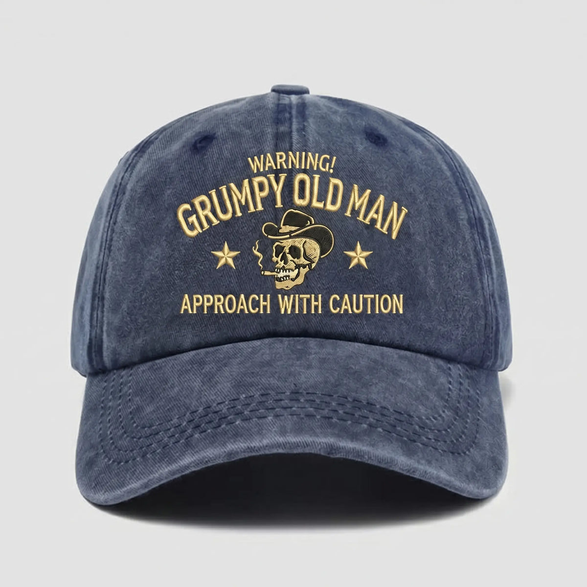 Grumpy Old Man Hat – Warning Approach with Caution Funny Baseball Cap, Vintage Washed Skull Dad Hat for Men