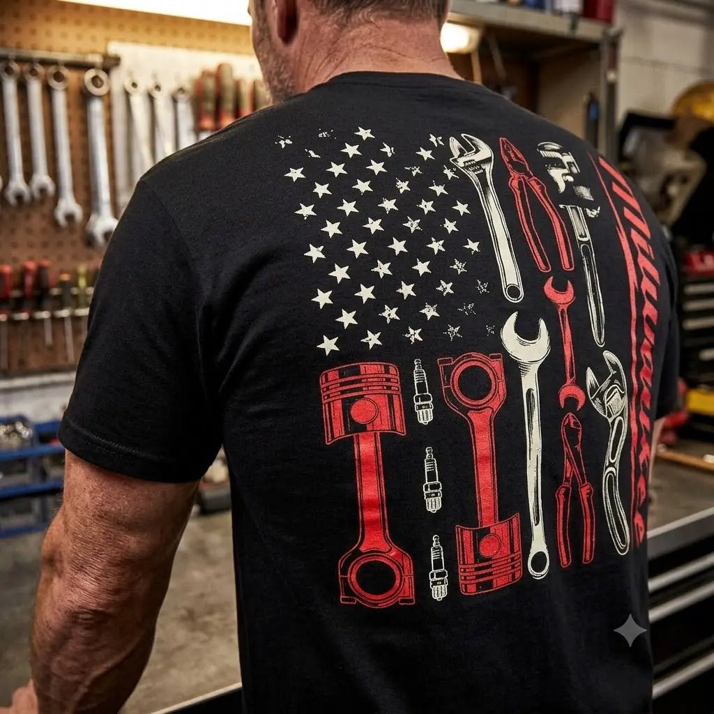 Milwaukee Tools Mechanic American Flag Graphic T-Shirt, Sweatshirt & Hoodie – Vintage Workwear Tool Design