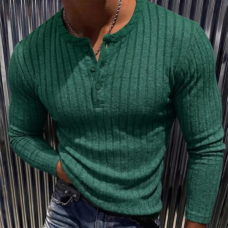 Men’s Ribbed Henley Shirt – Slim Fit Long Sleeve Button Neck Knit Top