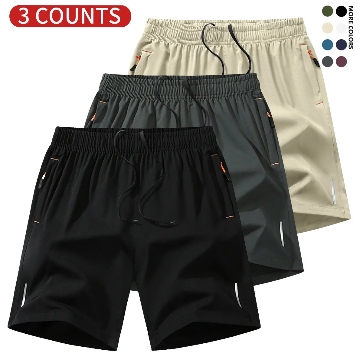 3-Pack Men's Athletic Shorts – Lightweight Breathable Running Shorts with Zipper Pockets, Drawstring Waist for Gym & Casual Wear