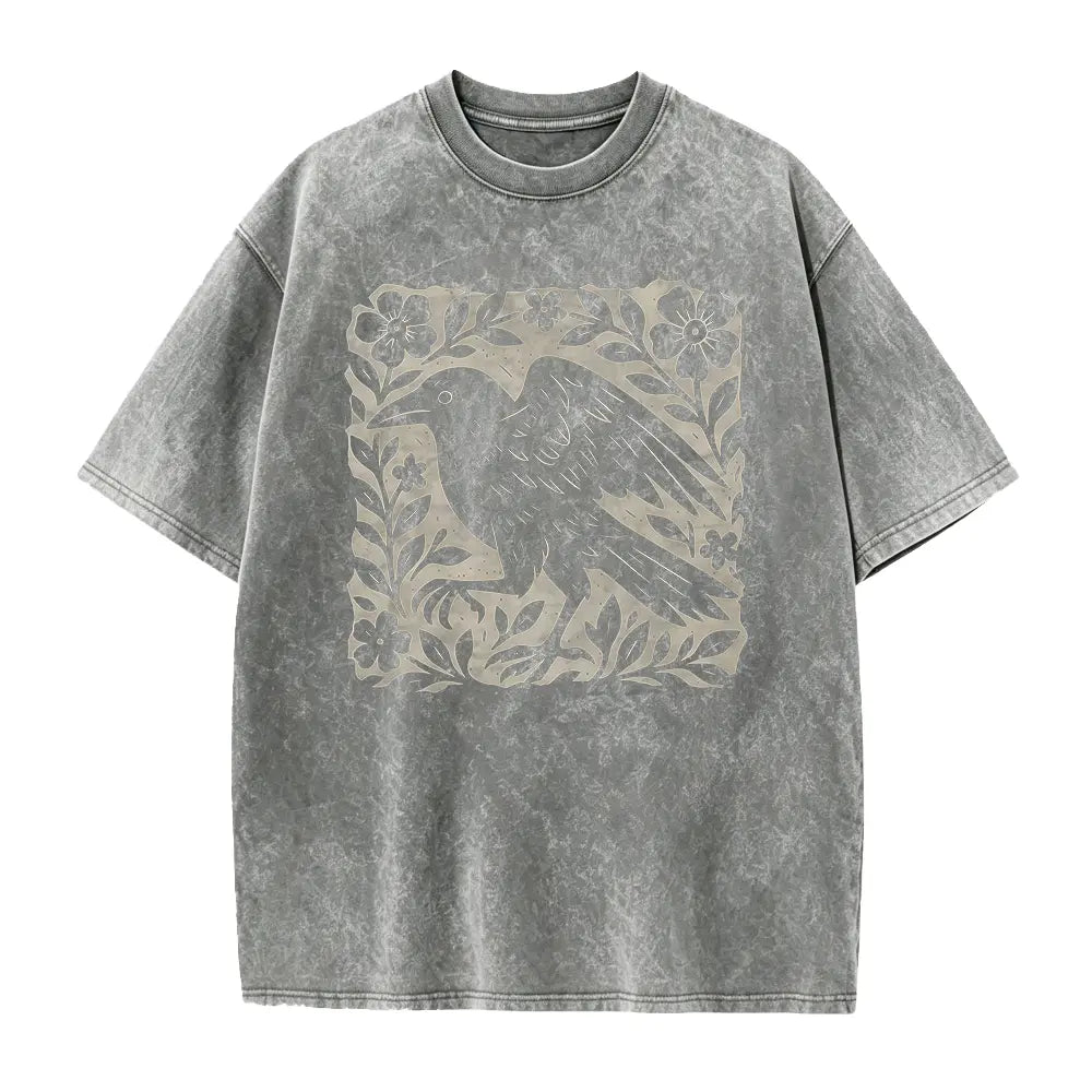 Gothic Raven Floral T-Shirt, Sweatshirt & Hoodie – Vintage Linocut Crow Graphic, Dark Academia Witchy Style