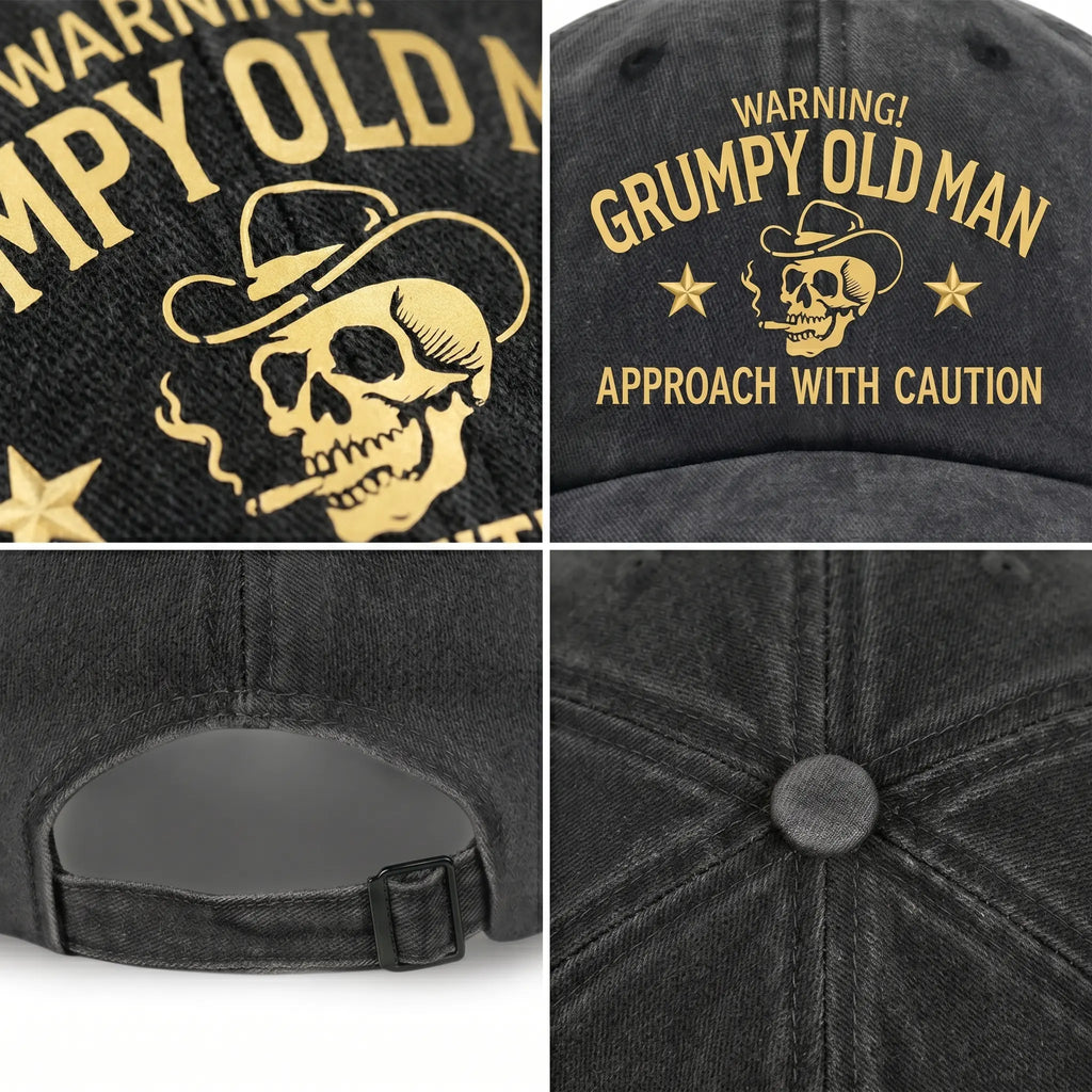 Grumpy Old Man Hat – Warning Approach with Caution Funny Baseball Cap, Vintage Washed Skull Dad Hat for Men