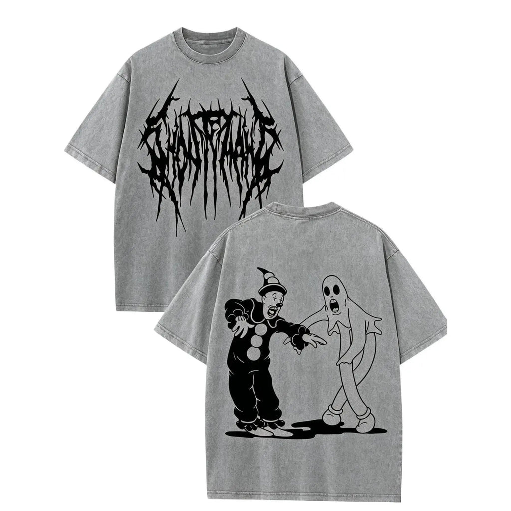 Vintage Clown & Ghost Halloween Graphic T-Shirt, Sweatshirt & Hoodie – Spooky Cartoon Front & Back Print