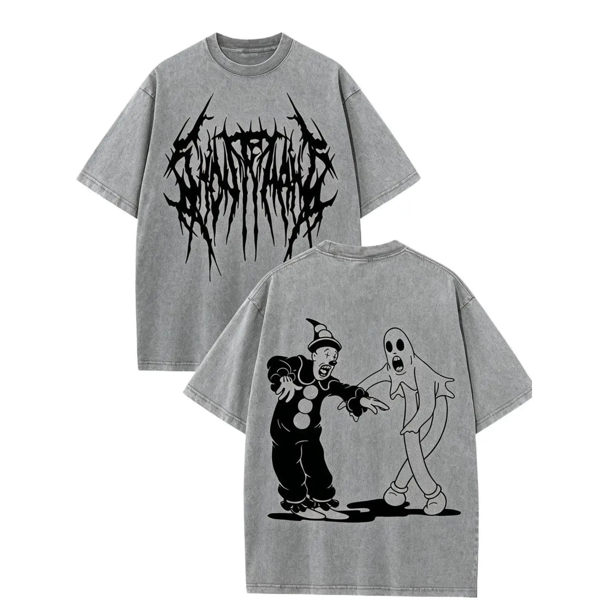 Vintage Clown & Ghost Halloween Graphic T-Shirt, Sweatshirt & Hoodie – Spooky Cartoon Front & Back Print