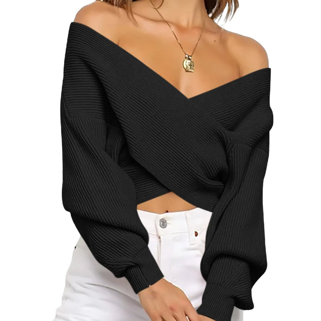 Women’s Off Shoulder Wrap Sweater – V-Neck Cropped Ribbed Knit Pullover with Balloon Sleeves, Trendy Fall & Winter Top