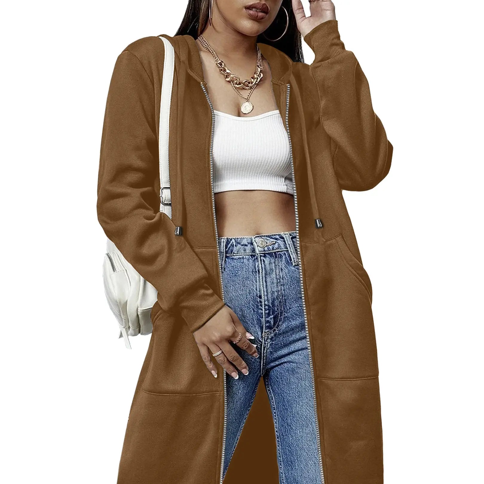 Women's Long Zip Up Hoodie Jacket – Casual Hooded Sweatshirt Coat, Longline Streetwear Outerwear for Fall & Everyday Wear