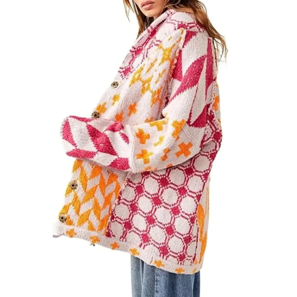 Unisex Oversized Patterned Knit Cardigan – Vintage Boho Button-Front Sweater, Relaxed Long Sleeve Casual Fall Streetwear