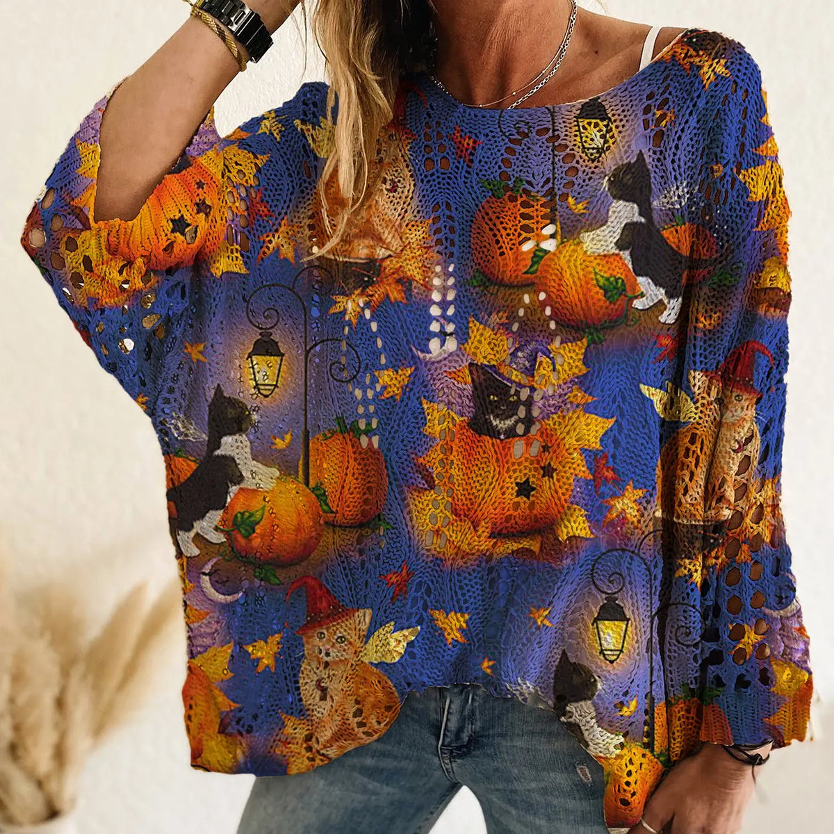 Halloween Pumpkin Bat Open Knit Sweater – Oversized Crochet Pullover with Spider Web Details, Spooky Fall Casual Knit Top