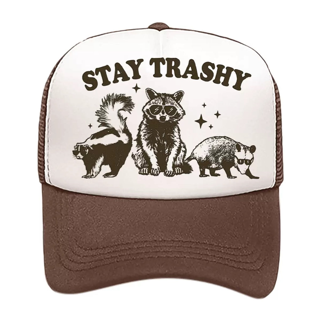 Stay Trashy Foam Trucker Hat – Funny Woodland Animal Graphic Mesh Baseball Cap for Men & Women