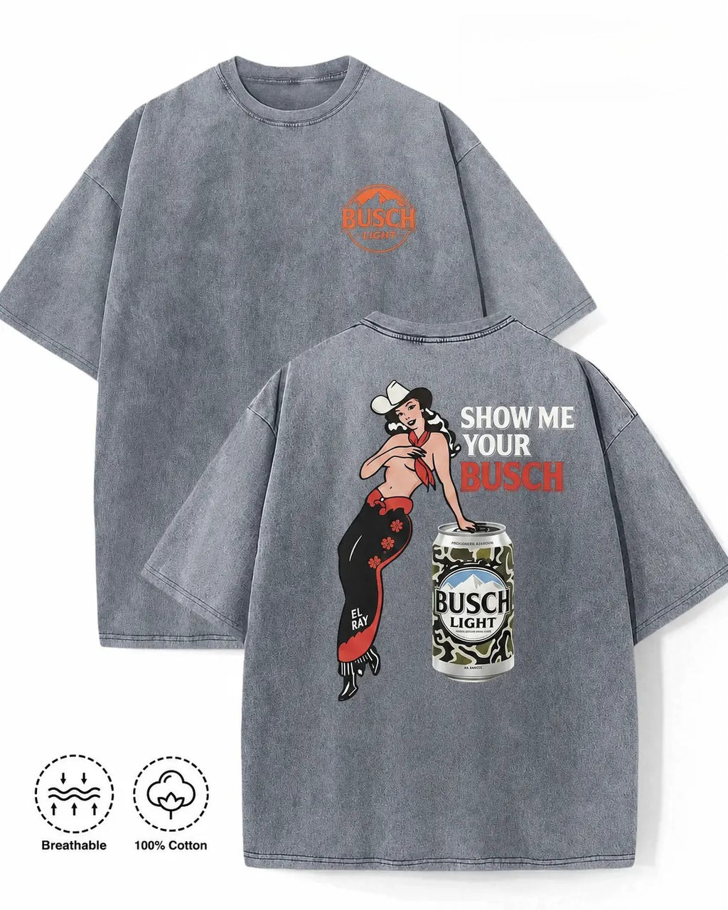 Show Me Your Busch Pin-Up Cowgirl Graphic T-Shirt, Sweatshirt & Hoodie – Funny Western Beer Drinking Retro Design