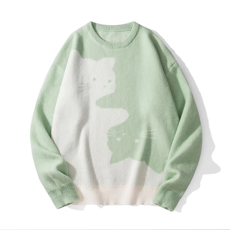 Funny Cat Graphic Knit Sweater – Oversized Crew Neck Pullover, Cute Black & White Cat Pattern Long Sleeve Knitwear, Casual Cozy Fall Winter Streetwear