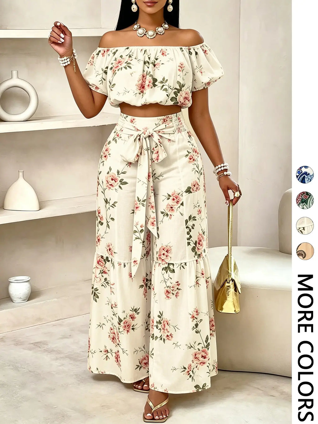 Women's Paisley Print Boho Two Piece Set – Off Shoulder Bubble Sleeve Top & High Waist Wide Leg Pants, Vacation Resort Outfit