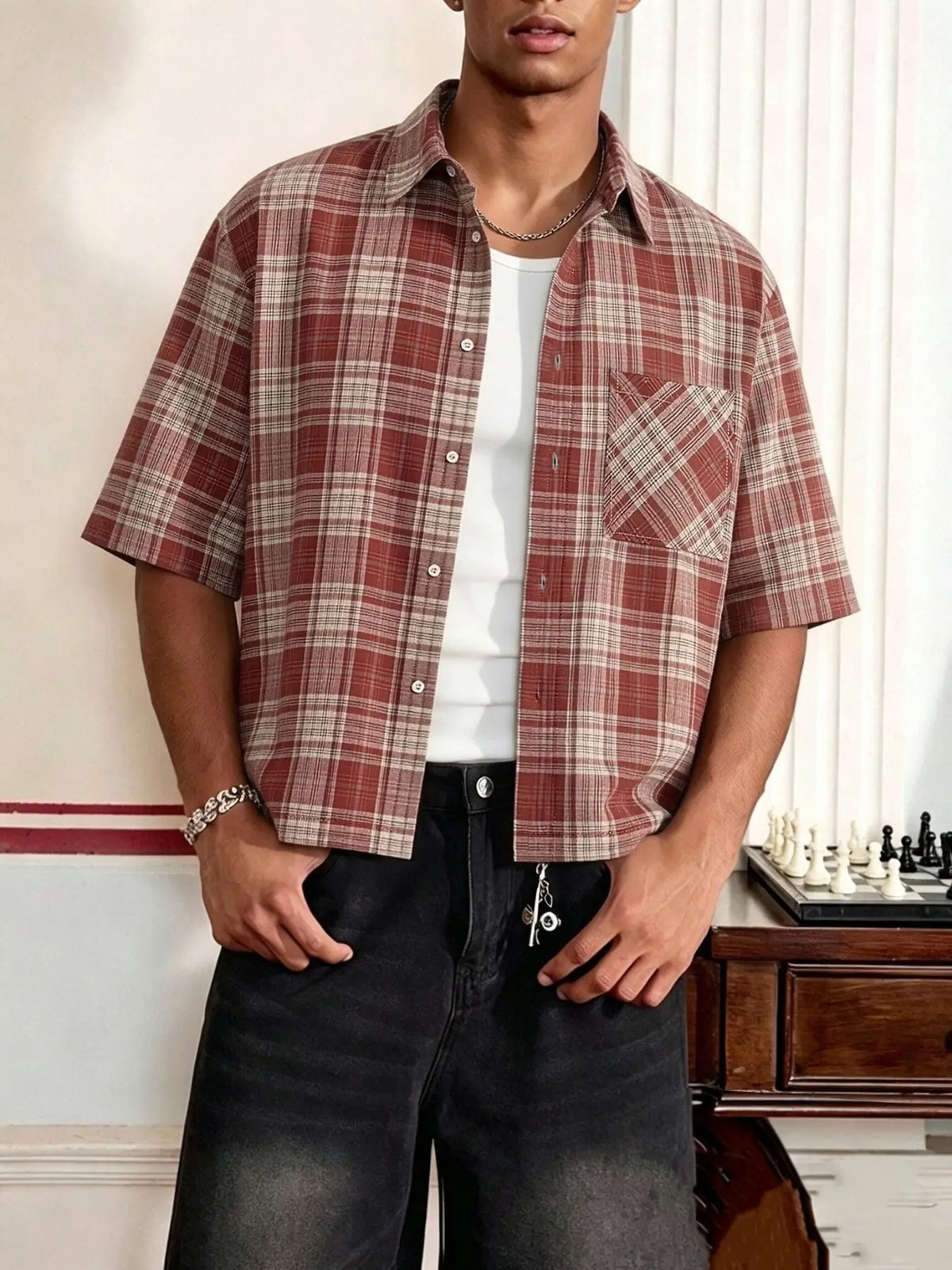 Men’s Plaid Short Sleeve Button-Up Shirt – Relaxed Fit Cropped Collared Shirt, Casual Vintage Streetwear Top