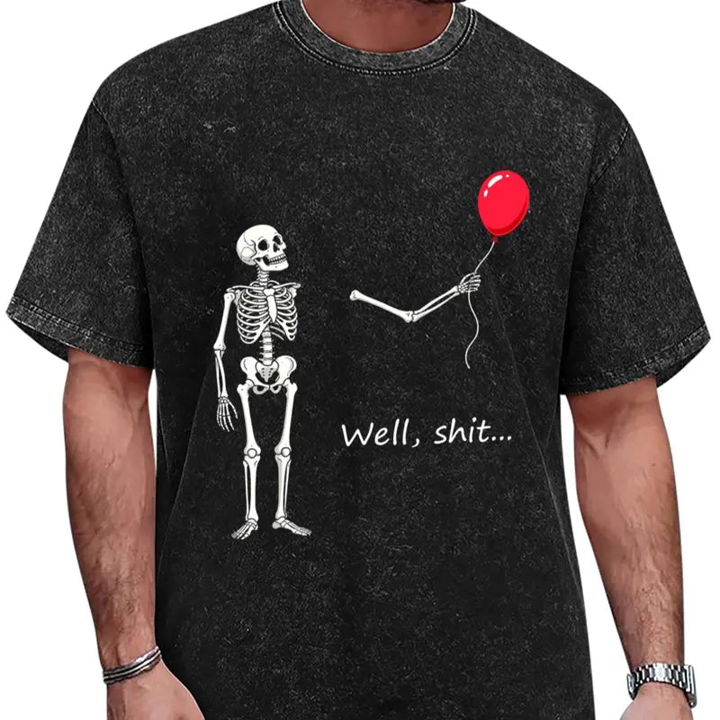 Well Shit Skeleton Balloon T-Shirt, Sweatshirt & Hoodie – Funny Dark Humor Skeleton Graphic, Red Balloon Halloween Design, Sarcastic Spooky Gift