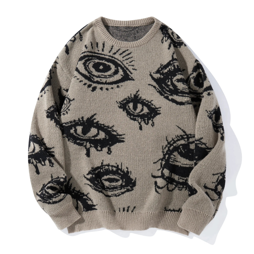 Men’s All-Over Eye Graphic Knit Sweater – Gothic Y2K Crew Neck Pullover, Oversized Streetwear Sweater for Fall & Winter