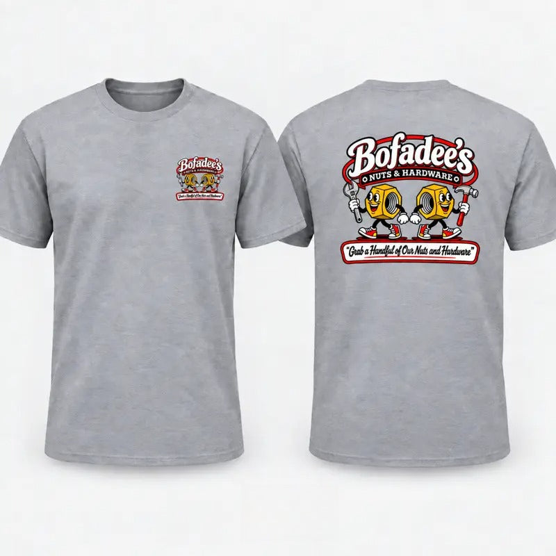 Bofadee’s Nuts & Hardware Double-Sided Graphic T-Shirt, Sweatshirt & Hoodie – Funny Mechanic & Tool Lover Apparel