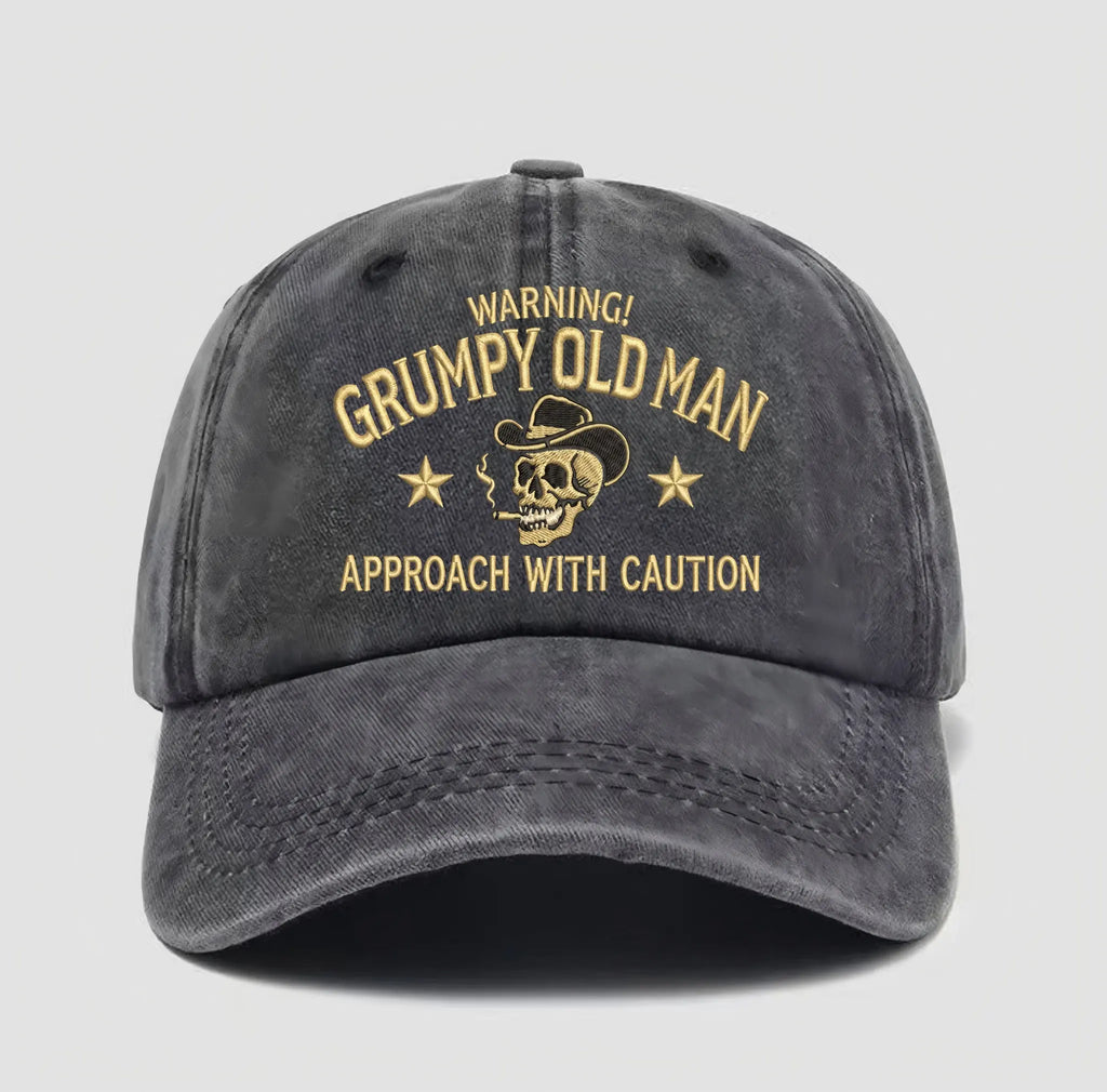Grumpy Old Man Hat – Warning Approach with Caution Funny Baseball Cap, Vintage Washed Skull Dad Hat for Men