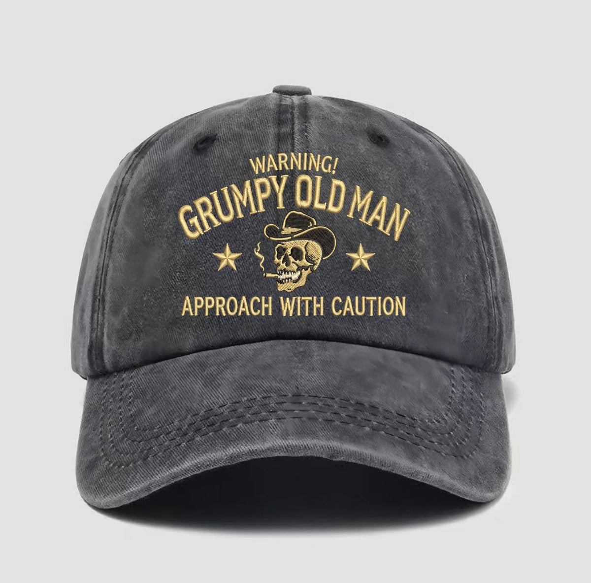 Grumpy Old Man Hat – Warning Approach with Caution Funny Baseball Cap, Vintage Washed Skull Dad Hat for Men