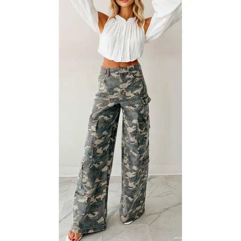 Women’s Y2K Camo Wide Leg Cargo Jeans – Multi-Pocket Denim Pants, Casual Streetwear Utility Jeans