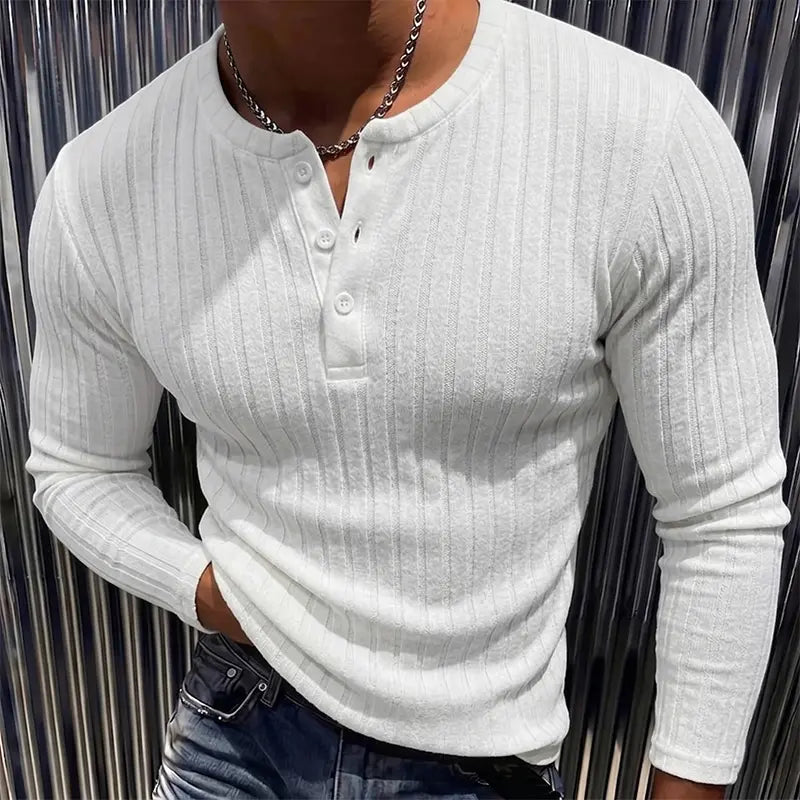 Men’s Ribbed Henley Shirt – Slim Fit Long Sleeve Button Neck Knit Top
