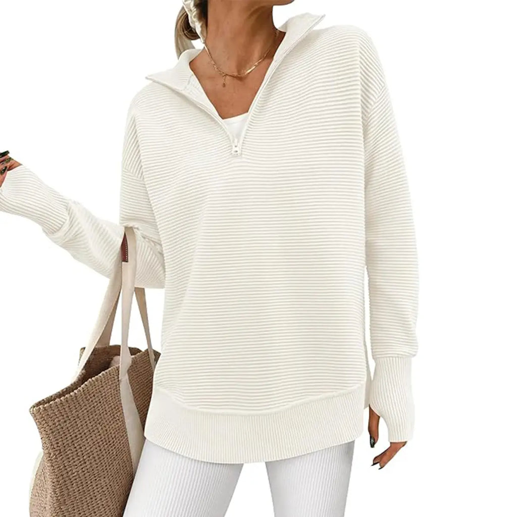 Women's Quarter Zip Ribbed Knit Pullover – Loose Fit Collared V Neck Sweater Top, Casual Long Sleeve Layering Shirt