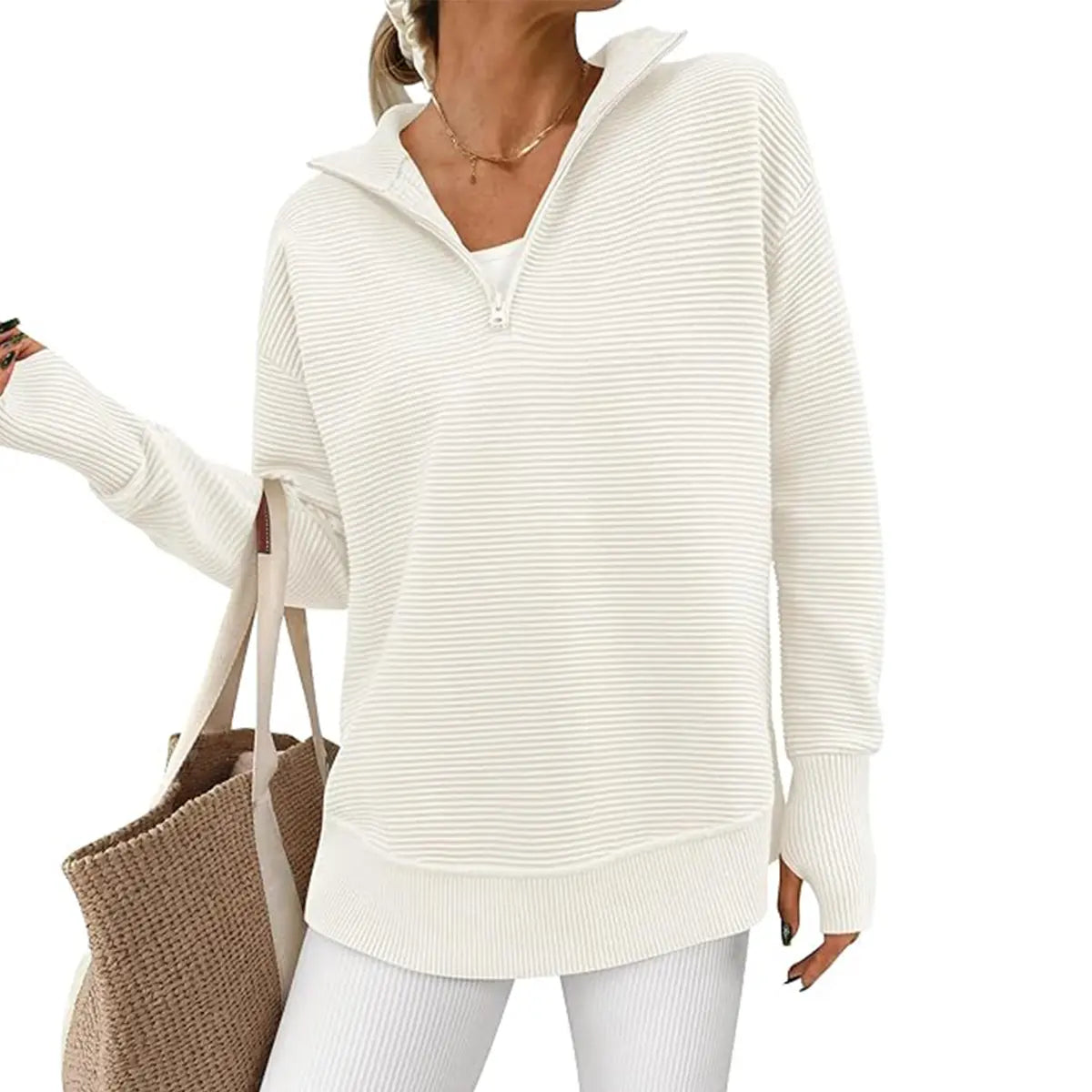 Women's Quarter Zip Ribbed Knit Pullover – Loose Fit Collared V Neck Sweater Top, Casual Long Sleeve Layering Shirt