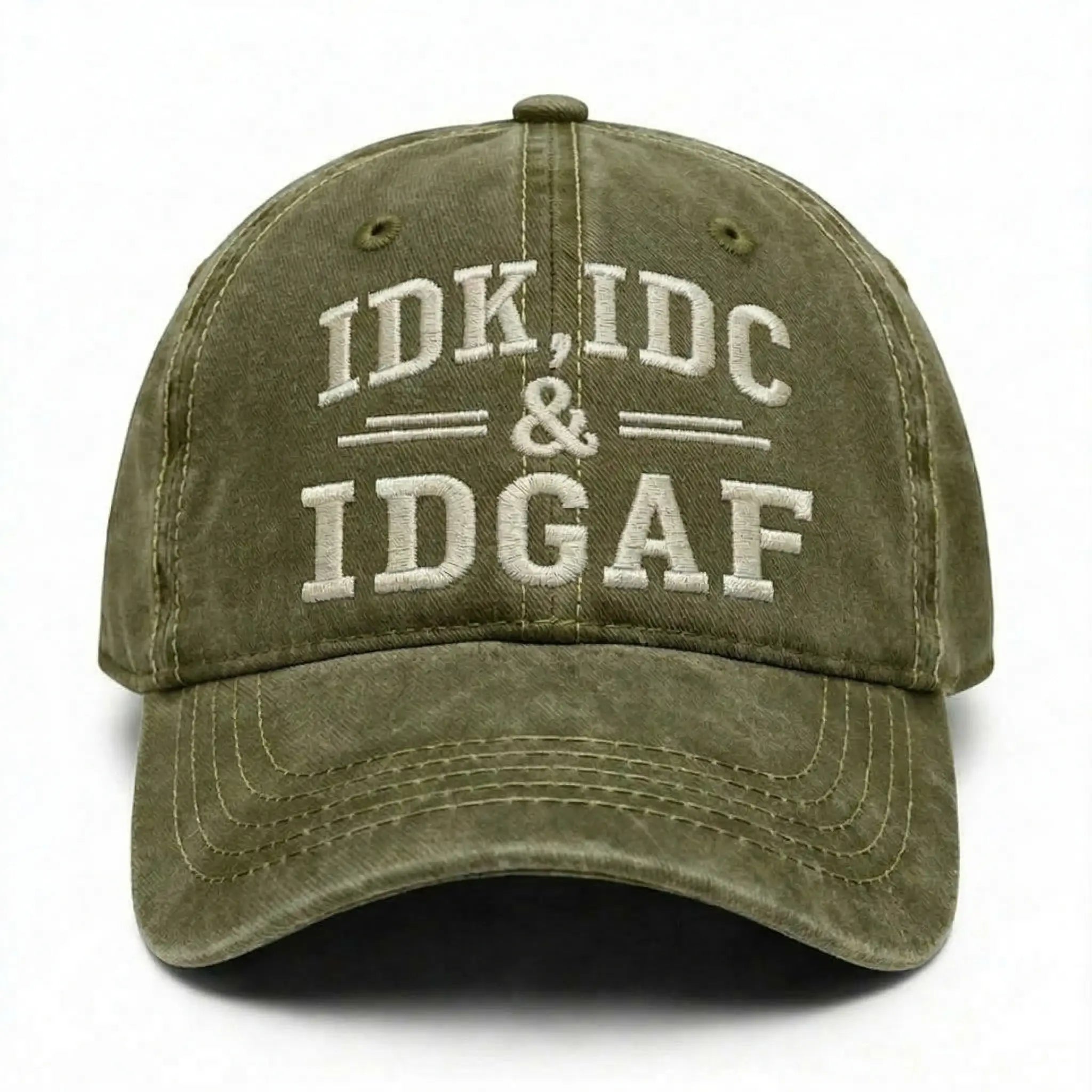IDK IDC IDGAF Hat – Vintage Washed Baseball Cap, Funny Attitude Graphic Dad Hat, Adjustable Unisex Streetwear Cap