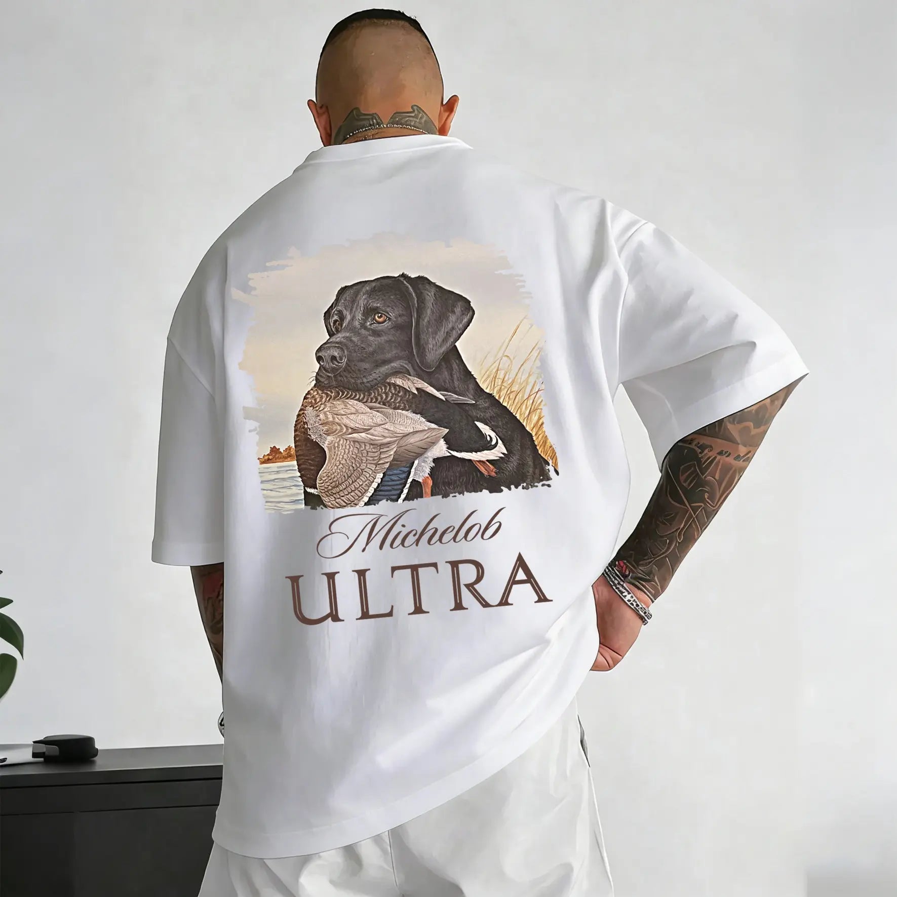 Mallard Duck & Hunting Dog Graphic T-Shirt – Vintage 2-Sided Print Cotton Tee for Outdoor & Beer Lovers, Unisex Casual Streetwear