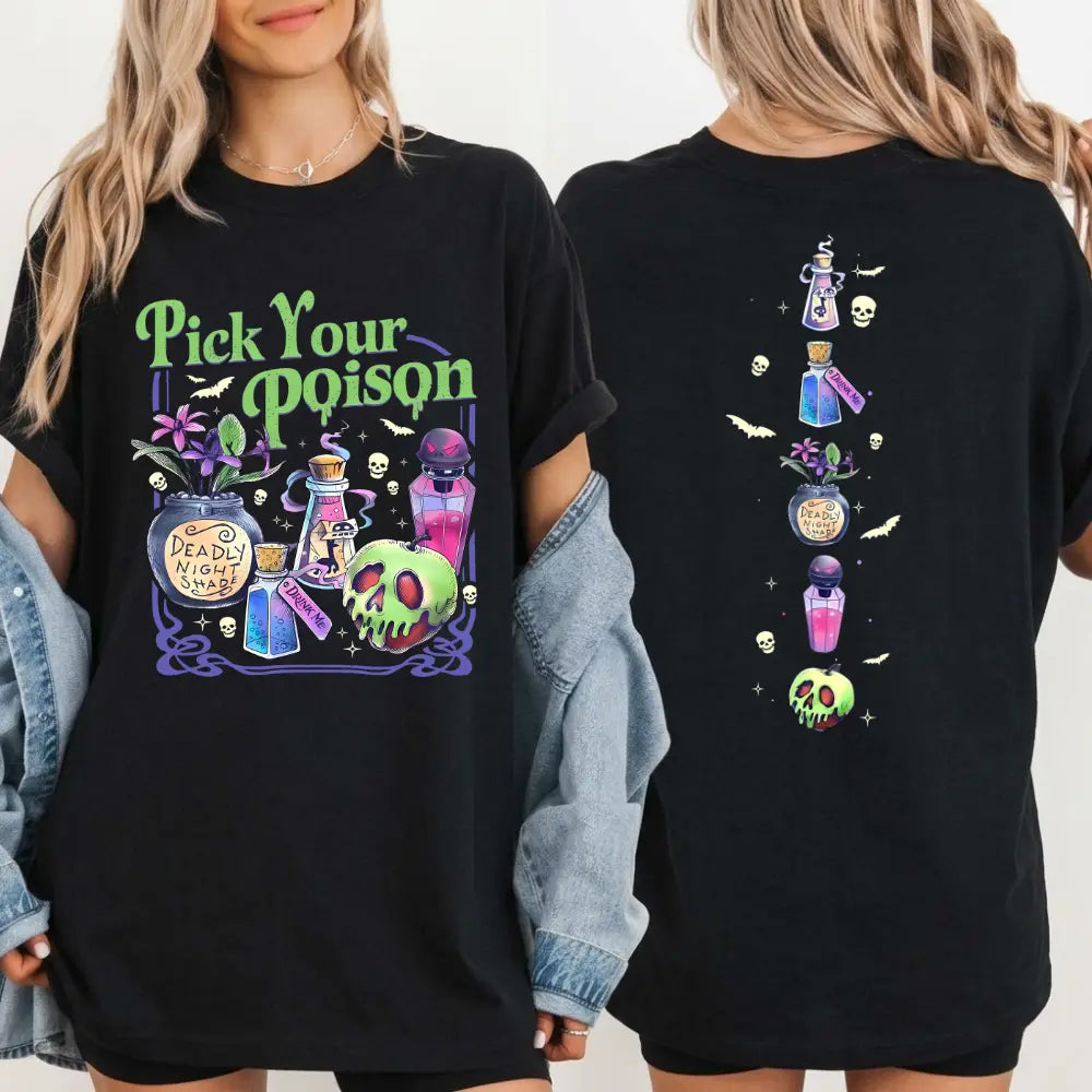 Pick Your Poison Halloween T-Shirt, Sweatshirt & Hoodie – Spooky Potion & Poison Apple Front and Back Graphic