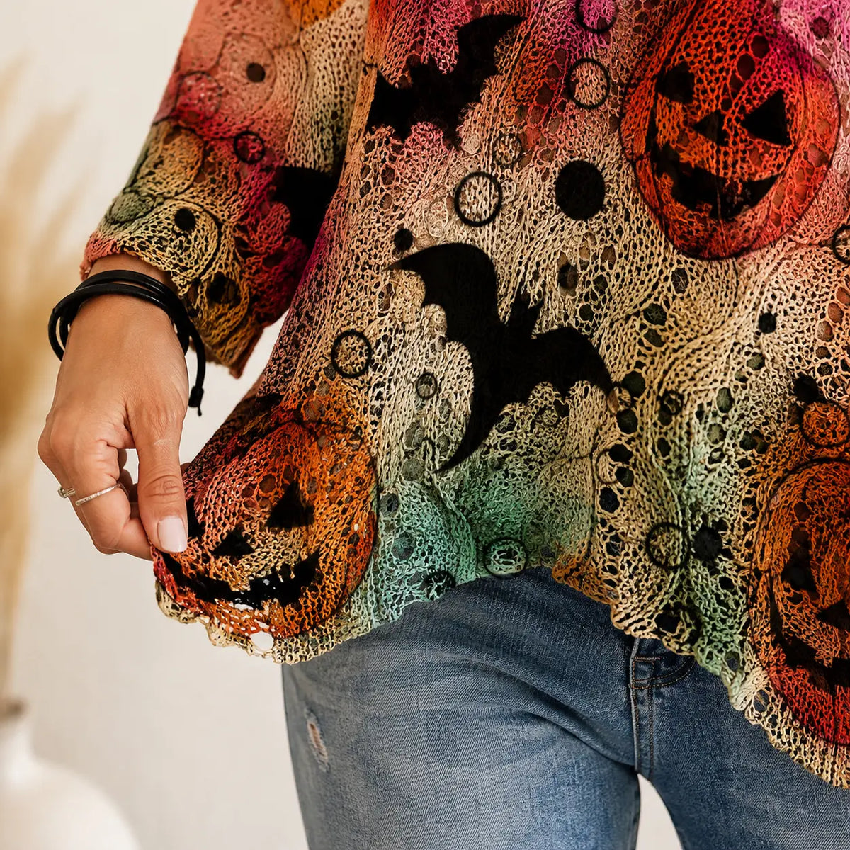 Halloween Pumpkin Bat Open Knit Sweater – Oversized Crochet Pullover with Spider Web Details, Spooky Fall Casual Knit Top