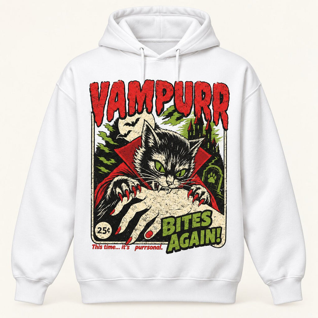 Vampurr Vampire Cat Halloween Graphic T-Shirt, Sweatshirt & Hoodie – Funny Retro Horror Bites Again Spooky Cat Design