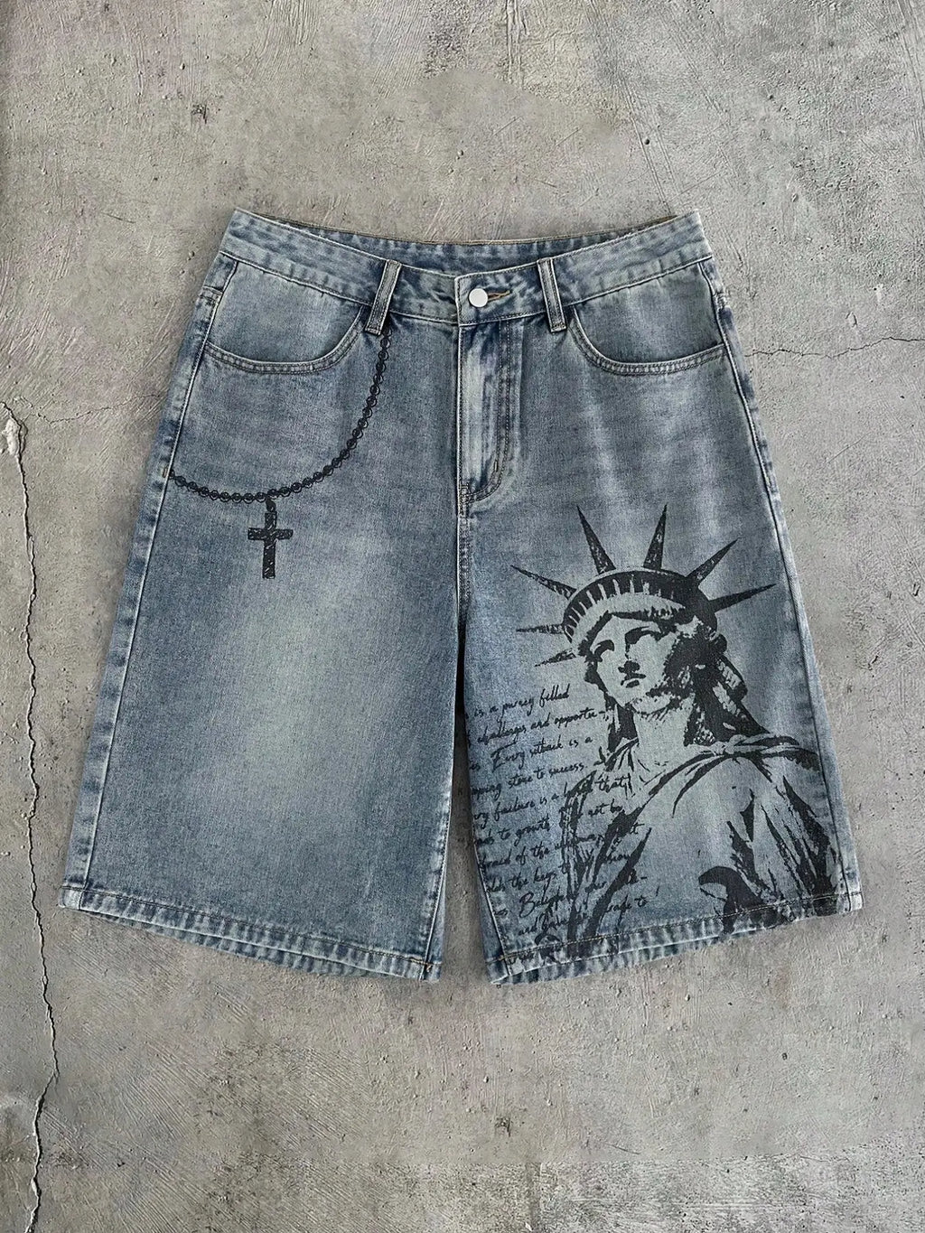 Men's Statue of Liberty Graphic Denim Shorts – Vintage Washed Loose Fit Jean Shorts, American Streetwear Summer Style