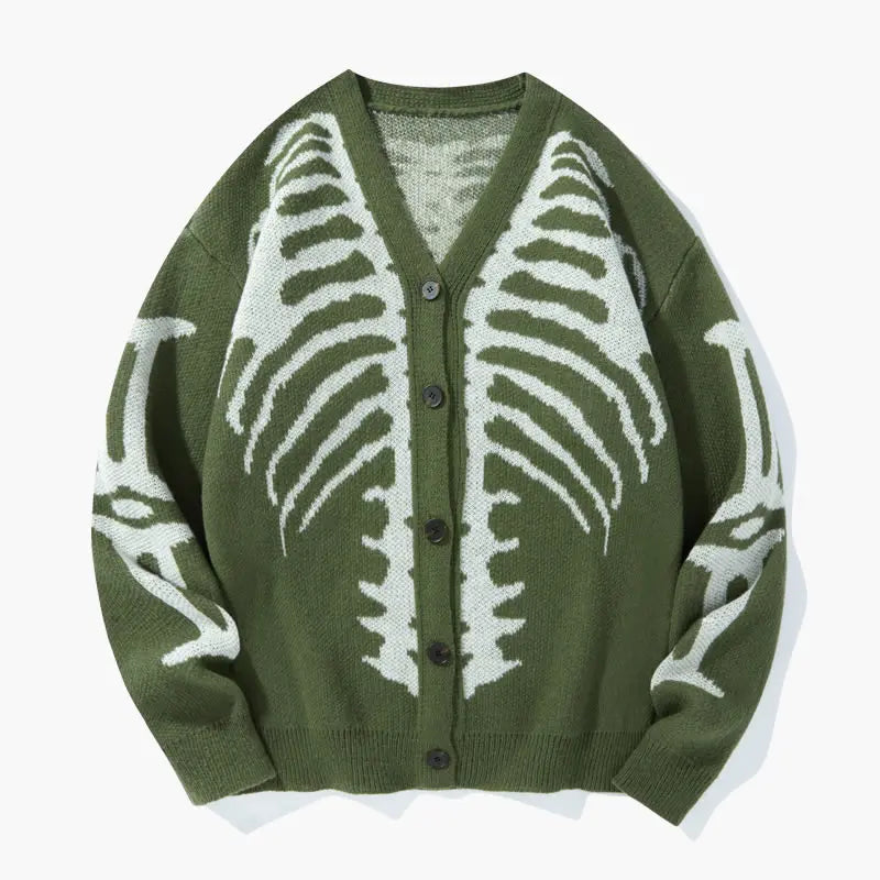 Men’s Skeleton Rib Cage Knit Cardigan – Gothic V-Neck Button-Up Sweater, Oversized Halloween Streetwear