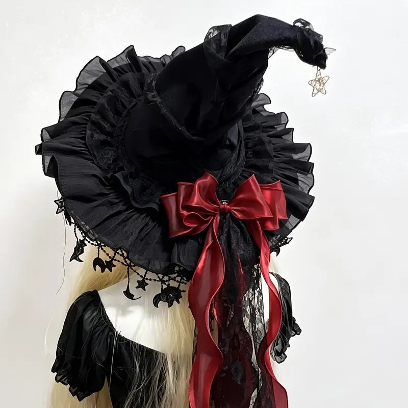Women’s Gothic Witch Hat with Tulle & Long Satin Ribbon Bow – Star & Moon Charm Ruffle Brim Halloween Costume Hat