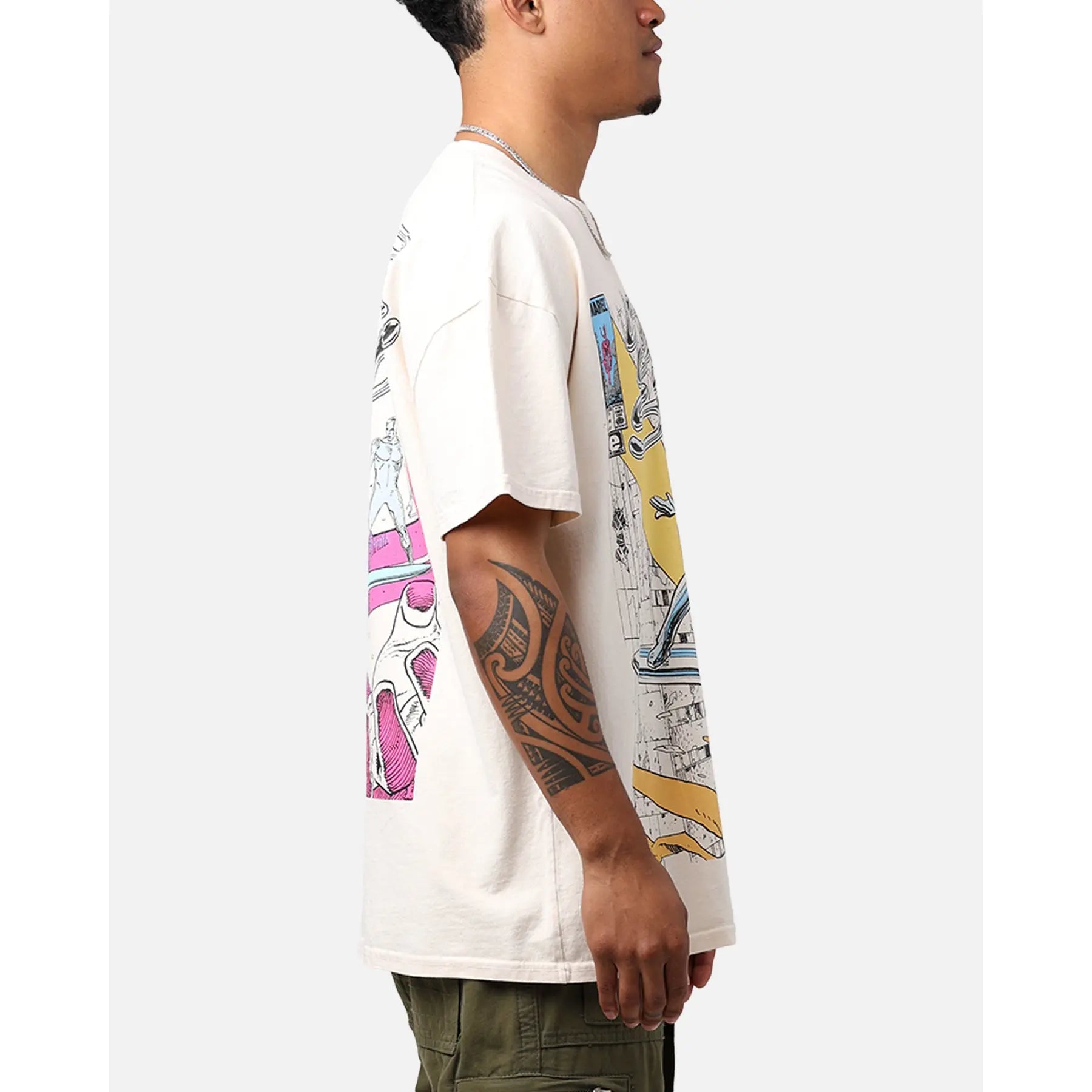 Marvel Silver Surfer Graphic T-Shirt – Off White Heavyweight Cotton Tee, Retro Comic Superhero Streetwear, Oversized Casual Fit