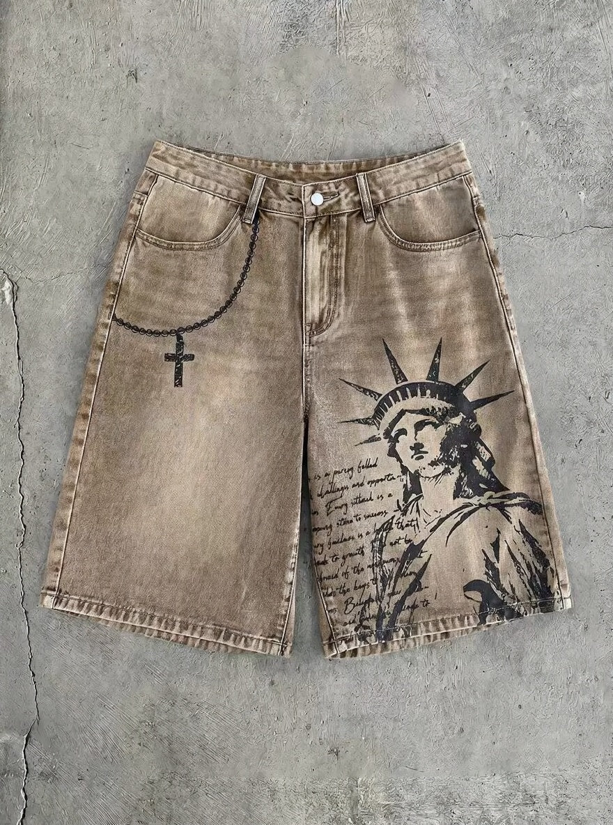 Men's Statue of Liberty Graphic Denim Shorts – Vintage Washed Loose Fit Jean Shorts, American Streetwear Summer Style