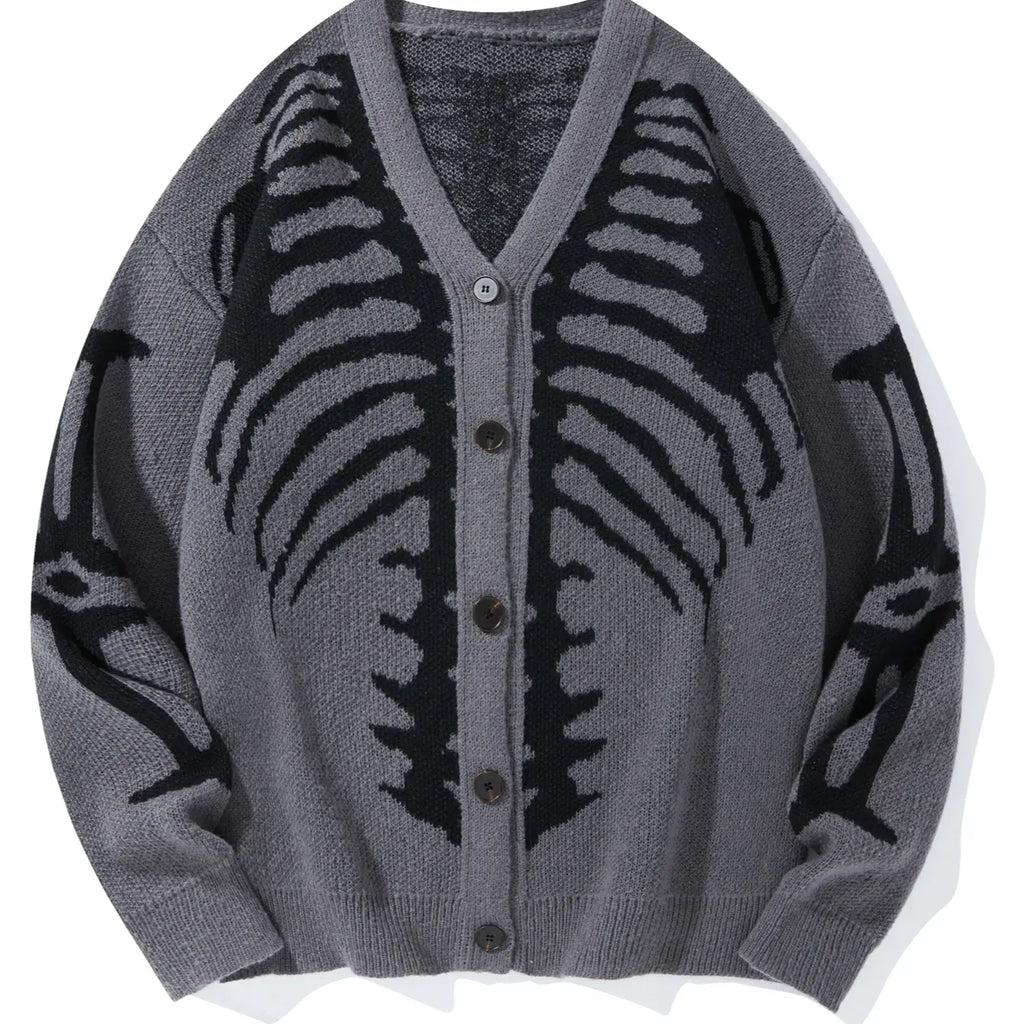 Men’s Skeleton Rib Cage Knit Cardigan – Gothic V-Neck Button-Up Sweater, Oversized Halloween Streetwear