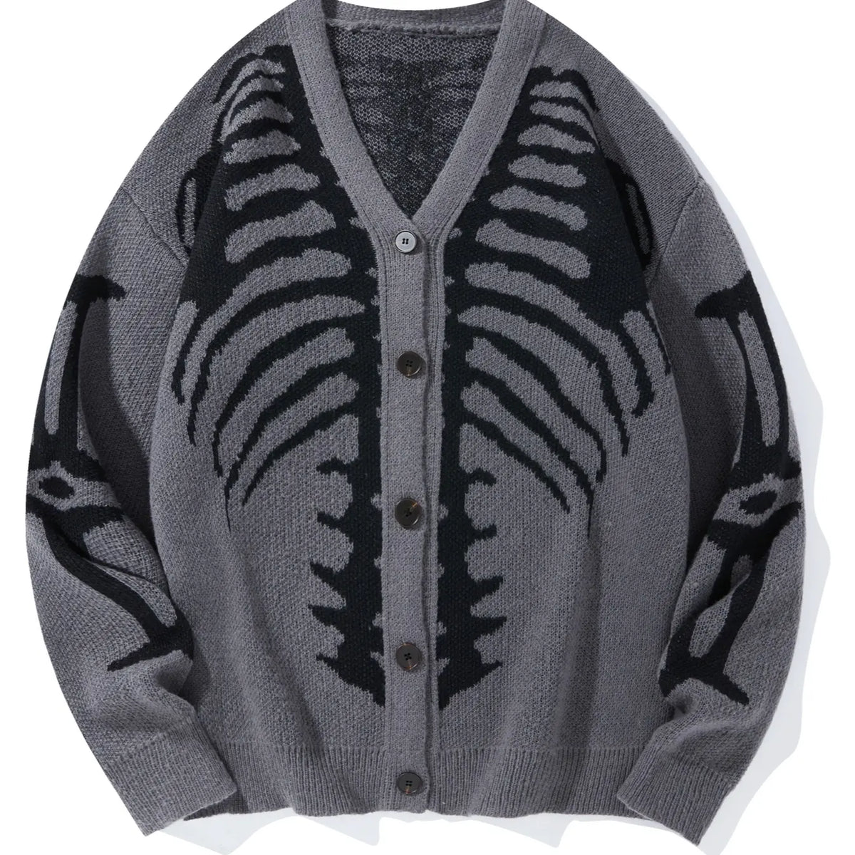 Men’s Skeleton Rib Cage Knit Cardigan – Gothic V-Neck Button-Up Sweater, Oversized Halloween Streetwear