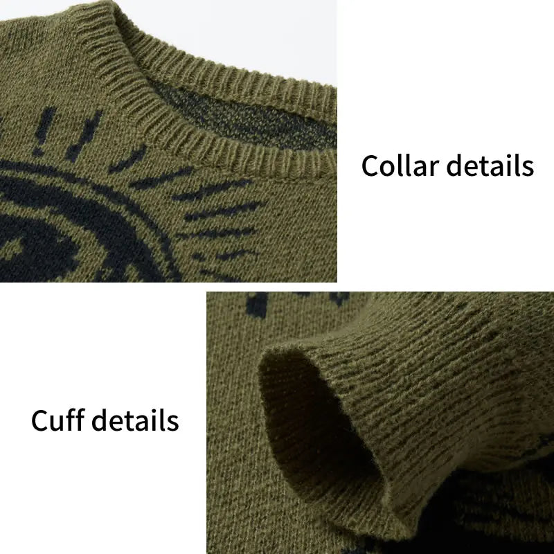 Men’s All-Over Eye Graphic Knit Sweater – Gothic Y2K Crew Neck Pullover, Oversized Streetwear Sweater for Fall & Winter