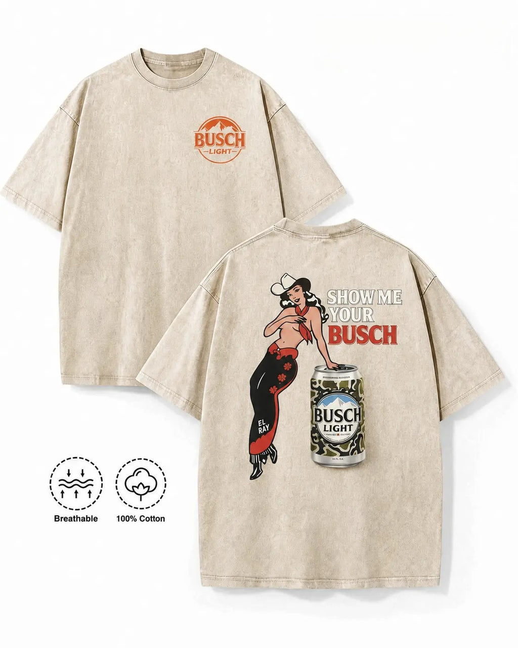 Show Me Your Busch Pin-Up Cowgirl Graphic T-Shirt, Sweatshirt & Hoodie – Funny Western Beer Drinking Retro Design