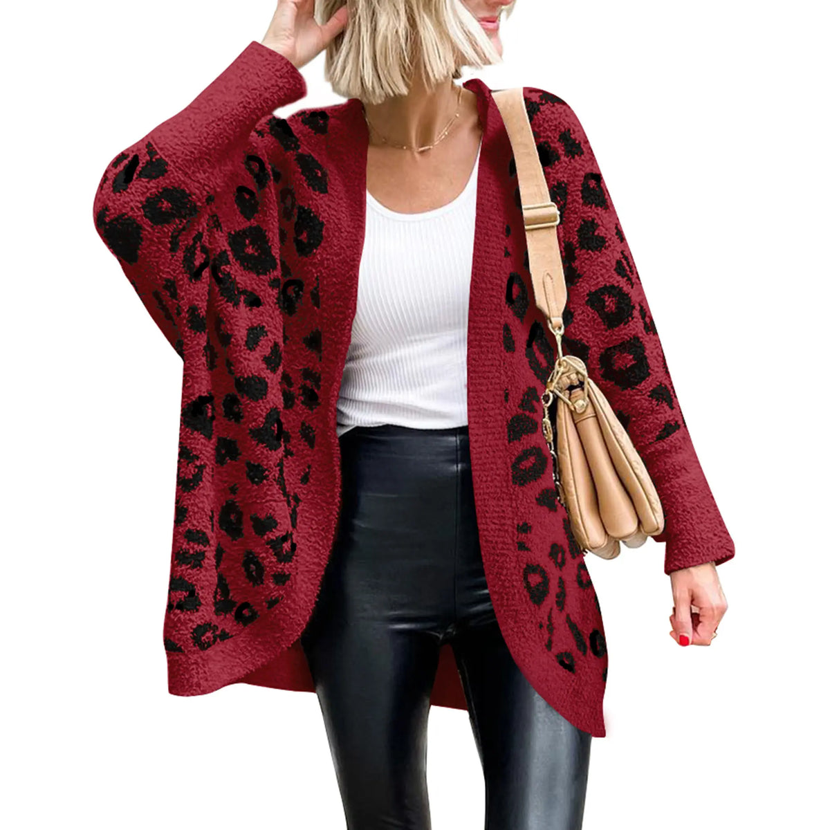 Leopard Print Fuzzy Knit Cardigan – Cozy Open Front Oversized Sweater, Casual Fall & Winter Layering
